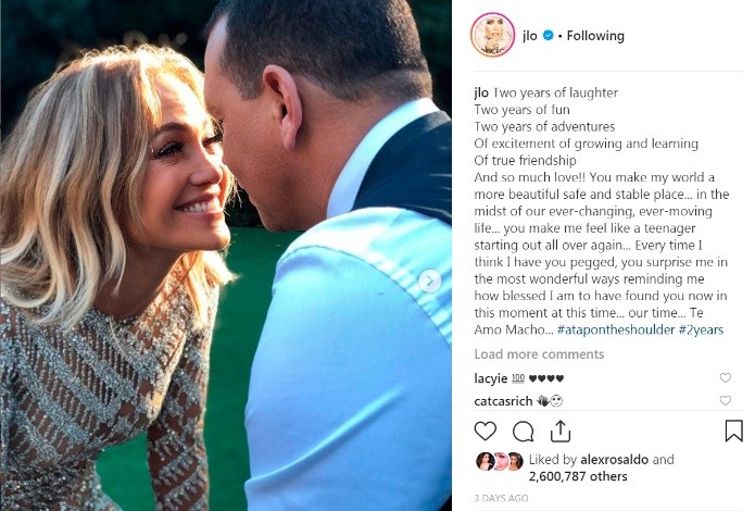 Jennifer López celebrates 2 years of girlfriend with Alex Rodríguez.
