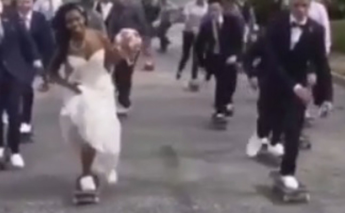 Bride Goes To Her Wedding On Skateboard, Falls And Does The Ridiculous