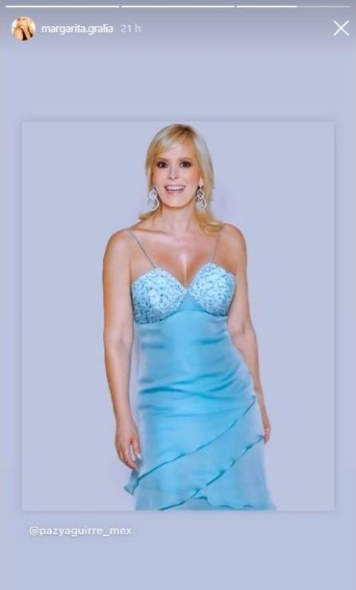 Margarita Gralia at 67 looks 50 in a blue dress with straps